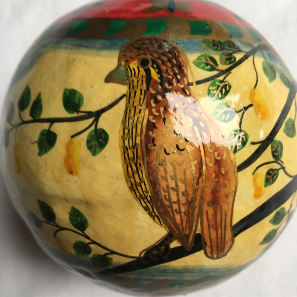 Bird Ornament Large 4” Round India Hand Painted Red Brown Christmas EUC